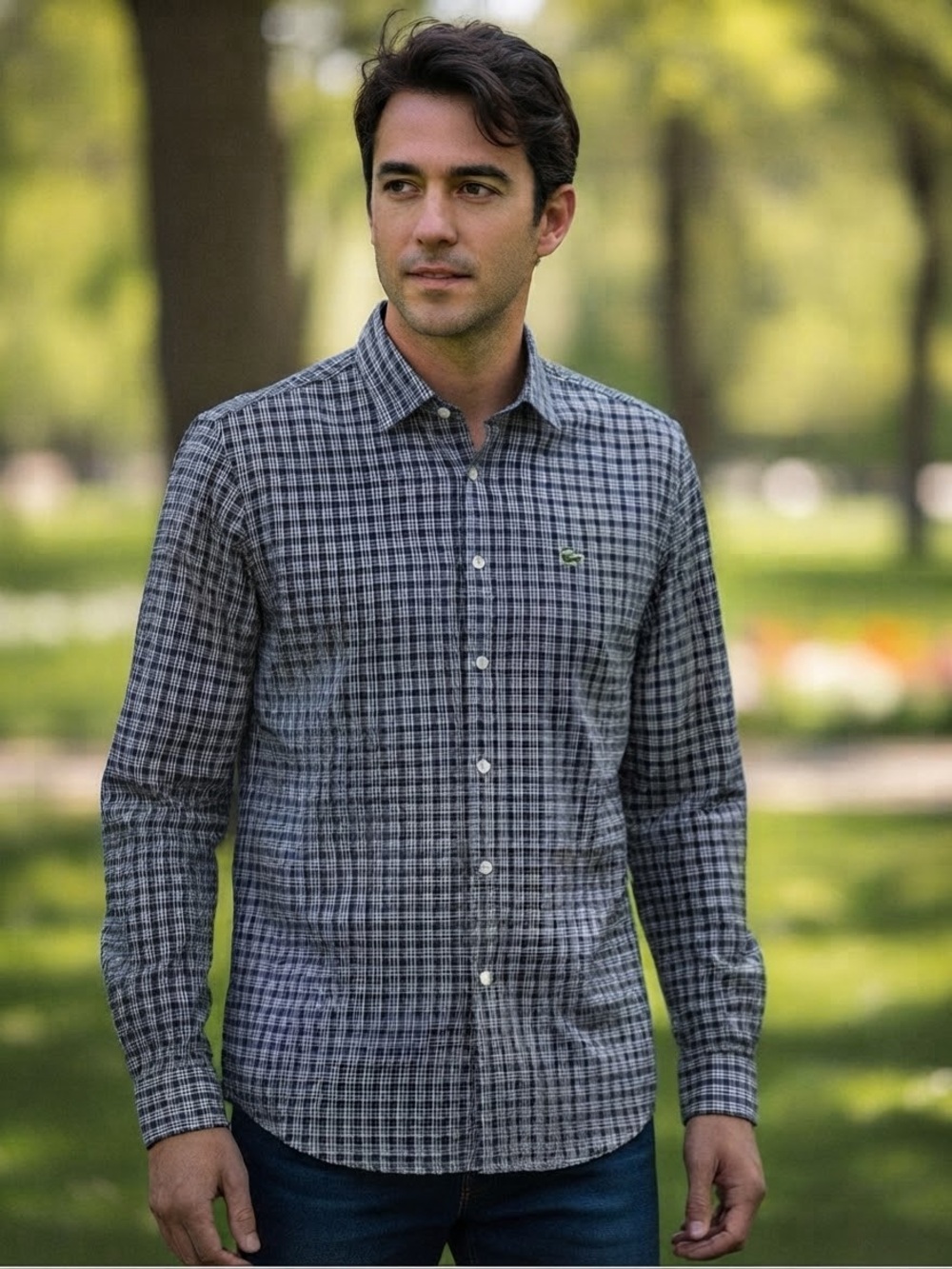 Lacoste Men's Medium Plaid Long Sleeve Button Down Shirt Green Blue Regular Fit